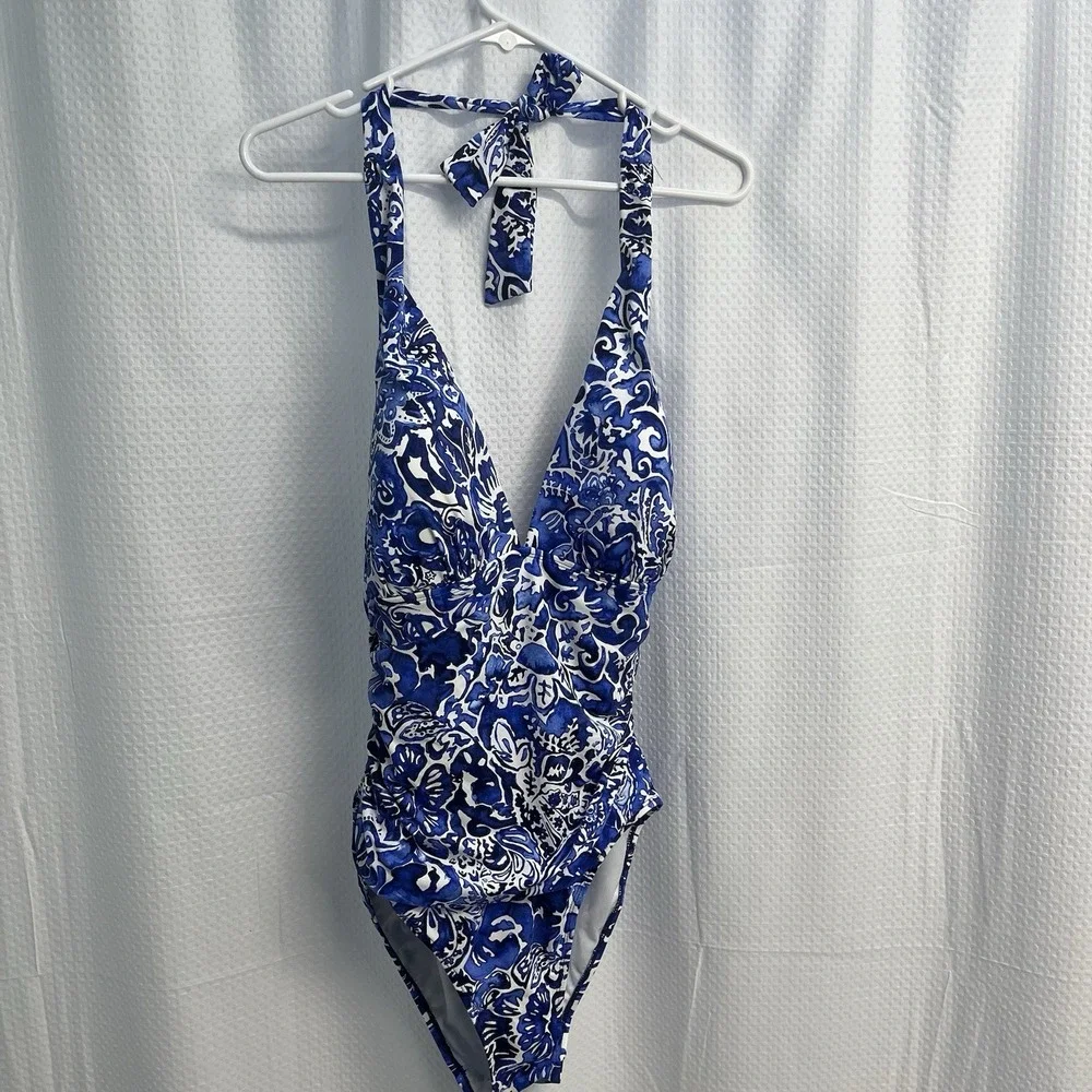 Lauren Ralph Lauren  Floral Halter Blue & White One Piece Swimsuit 14‎ Classic